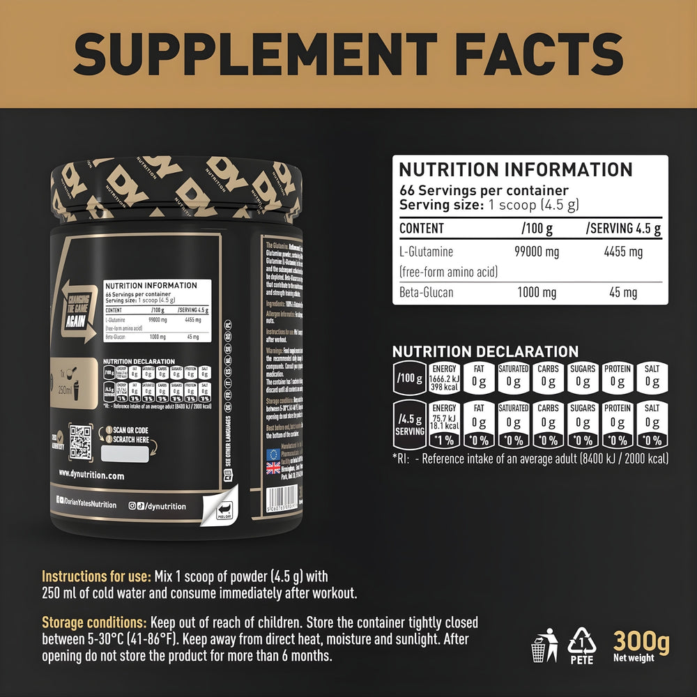 DY Nutrition The Glutamine Powder | 4.5g L-Glutamine & 45mg Beta-Glucan | 66 Servings | Unflavoured