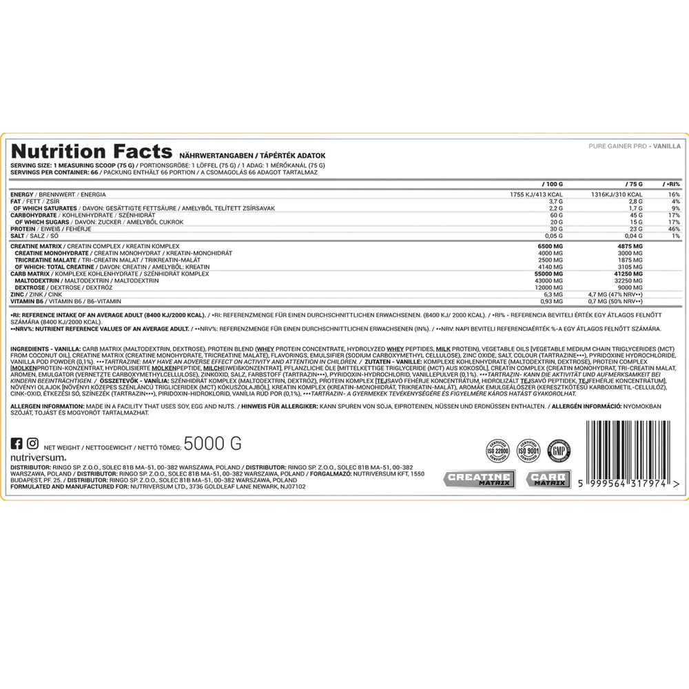 Nutriversum Gainer Pro | 5kg -66-Servings
