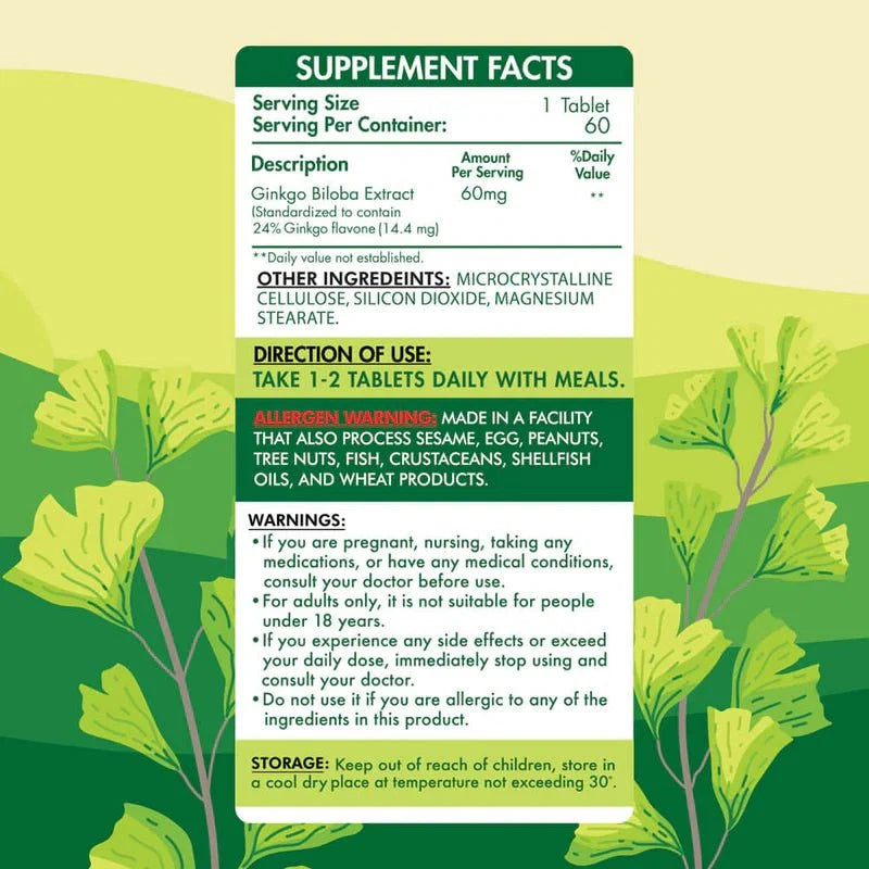 Organic Nation Ginkgo Biloba 60mg - Brain Support - 60 Tablets