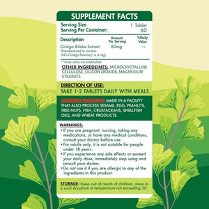 Organic Nation Ginkgo Biloba 60mg - Brain Support - 60 Tablets